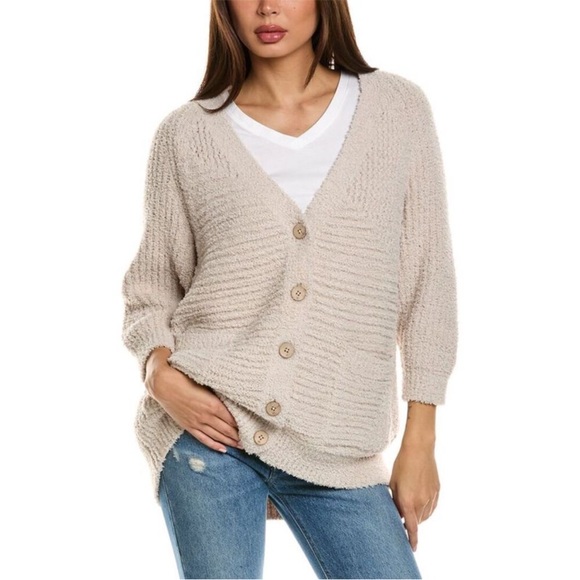 Barefoot Dreams Women's Cozy Twist Raglan Button Cardigan In Stone Size XS